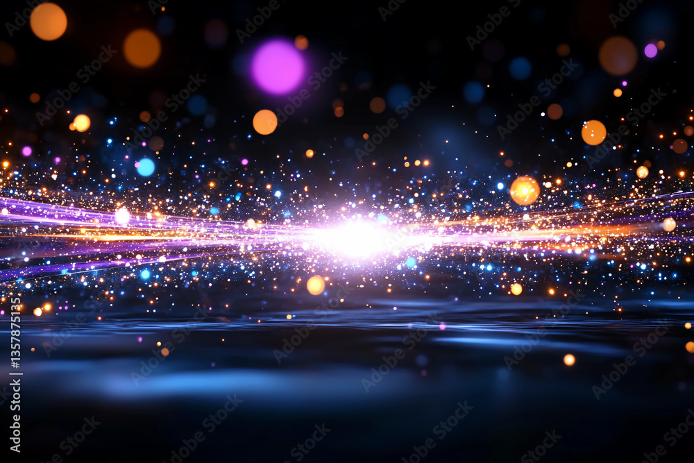 Obraz premium Abstract Glowing Particles Streaking Rapidly Through Space at Light-Speed Velocity, Bright White and Silver Against a Cosmic Background with Dynamic Motion Blur