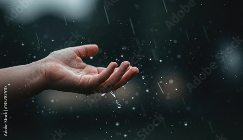 Hand catches rain, Moody, atmospheric weather and water concept,