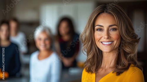 Woman with long brown hair is smiling and posing for a photo with other people. Concept of warmth and happiness, as the woman's smile and the group's friendly interaction suggest a positive