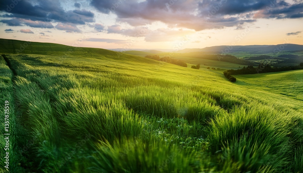 Fototapeta premium resplendent and verdant splendor of a meadow adorned with emerald blades, conjuring sensations of invigoration, vitality, and pure delights bestowed by natural world