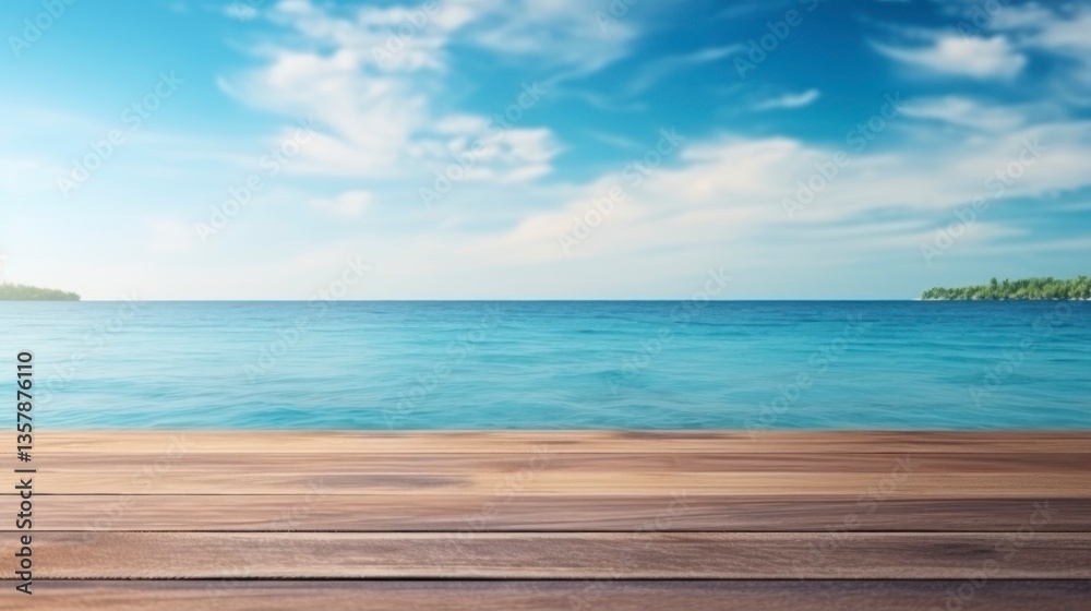 Fototapeta premium Wood table top on blur beach background