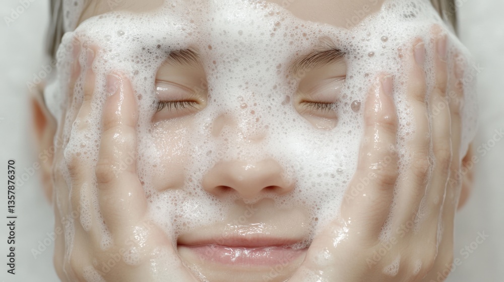 Fototapeta premium Child washing face with soap foam
