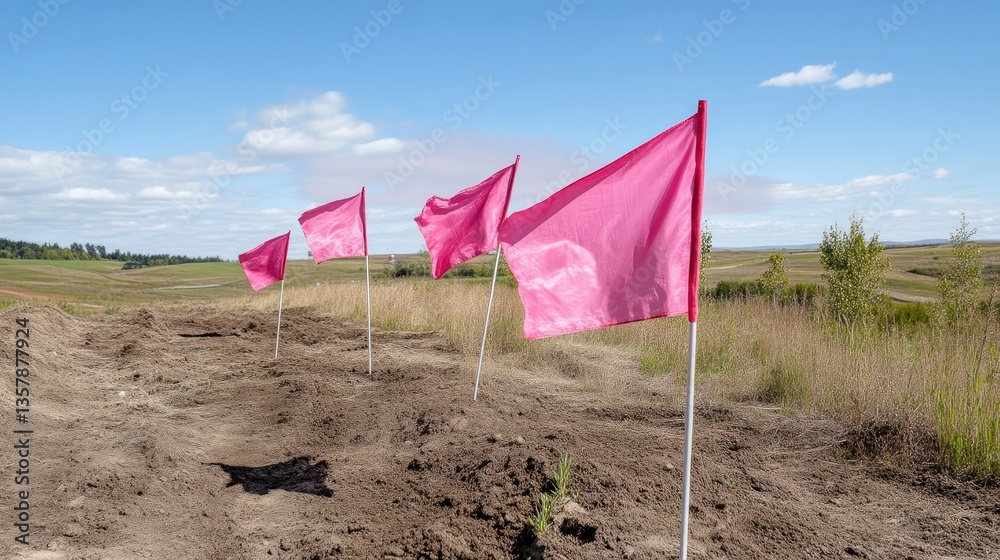 © SATRIANANGISAN - Pink flags marking a path through a field © SATRIANANGISAN - Pink flags marking a path through a field