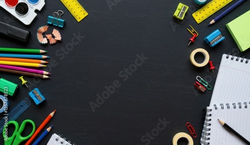 School supplies arranged on a black surface,