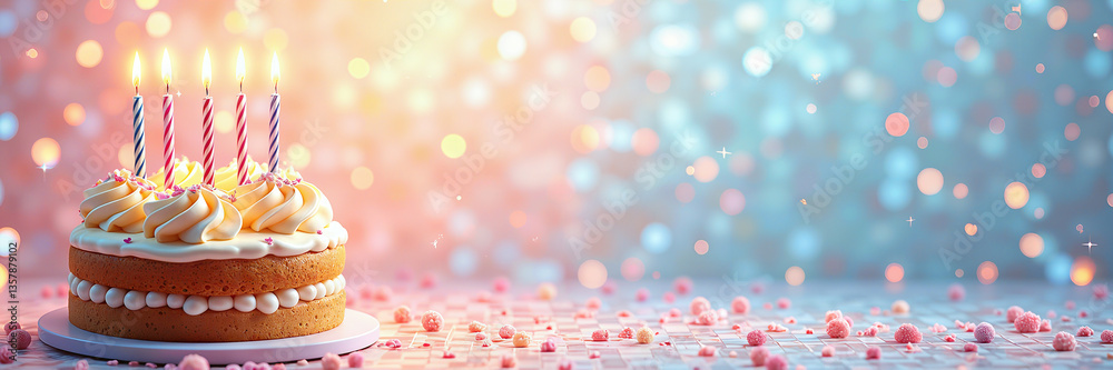 A birthday cake with five lit candles and a festive background of multi-colored lights and confetti.