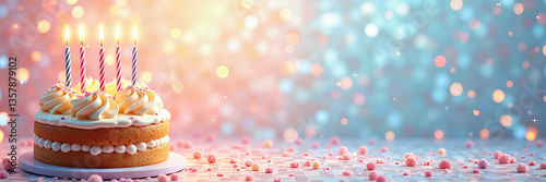 A birthday cake with five lit candles and a festive background of multi-colored lights and confetti.
