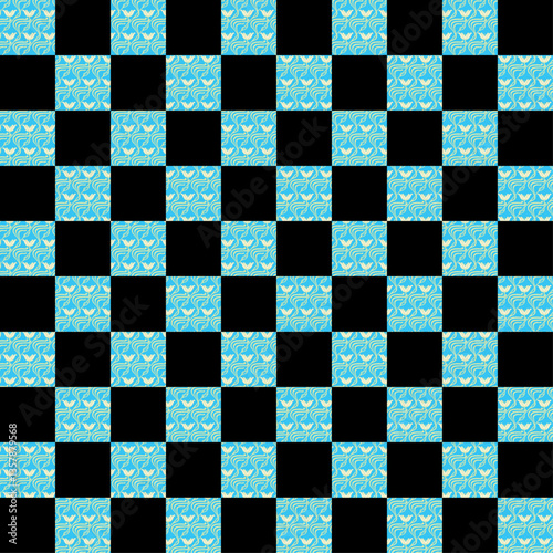 Black and white chessboard with checkered pattern and square tiles
