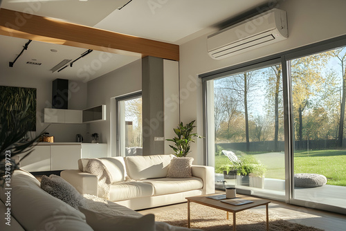 Living room with white sofa and outdoor view window
