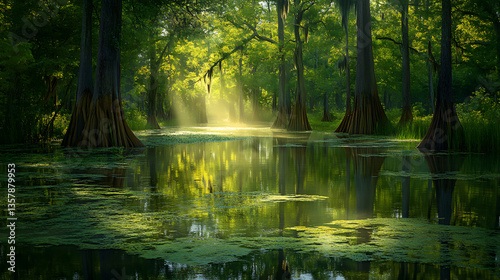 Mystical Tranquil Wetland: A Journey Through the Whispering Waters of a Verdant Swamp Oasis