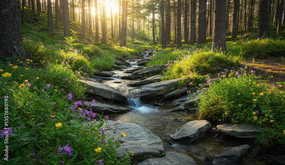 Obraz premium A serene forest scene with a stream and wildflowers at sunrise,