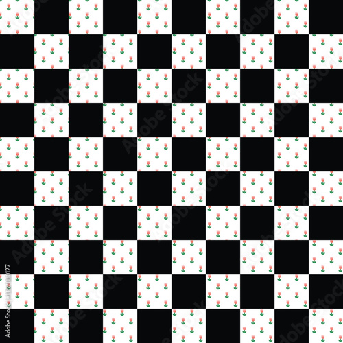 Black and white chessboard with checkered pattern and square tiles