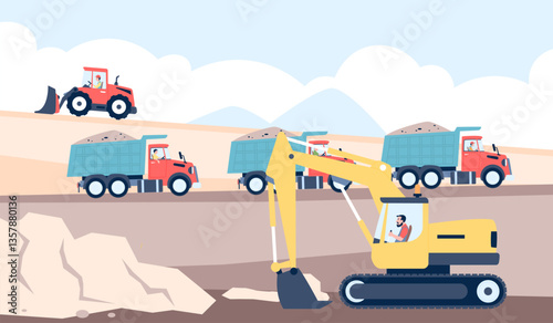 Equipment and heavy vehicle in quarry. Mining transport with drivers, bulldozer and trucks. Sand pit, professional workers in uniform, recent vector scene