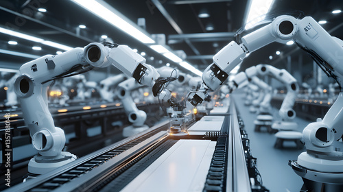 Self-learning AI robots autonomously assembling complex machines in a futuristic factory with high precision.