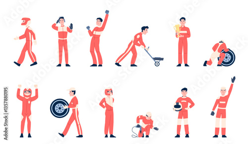 Pit stop mechanics. Racing engineers with tools and racers in uniform. Flat professional crew for race championship, technicians team recent vector set