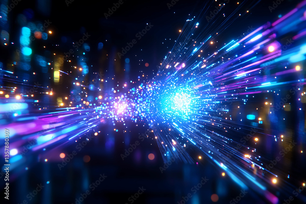 Obraz premium Digital Particles Burst Racing Outward with Glowing Light Trails at High Speed, Filling the Space with Energy and Motion in a Futuristic Abstract Design