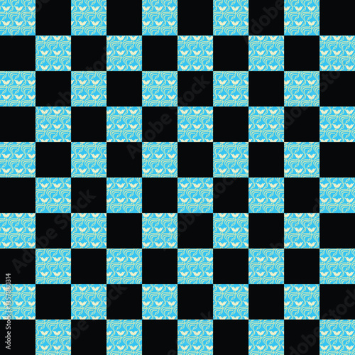 Black and white chessboard with checkered pattern and square tiles