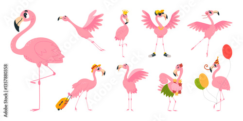 Cute pink flamingo. Summer funny flamingos, exotic birds in different poses. Tropical bird with suitcase, with balloons, dancing and flying, classy vector characters