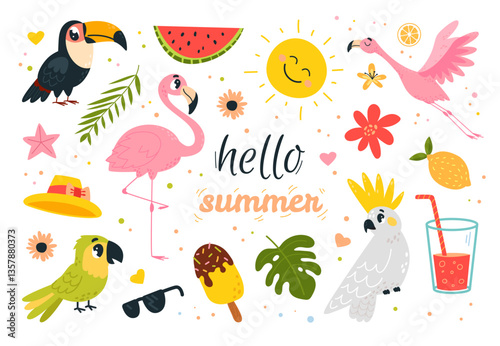 Flamingo summer elements. Tropical birds, flamingos toucan parrot. Seasonal vacation accessories, ice cream sunglasses cocktail, classy vector clipart