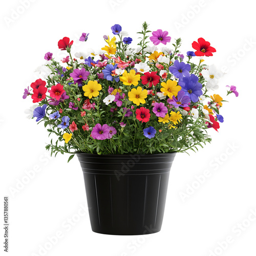 A 3D Potted Wildflower Plant with Multiple Colorful Flowers Isolated on Transparent Background