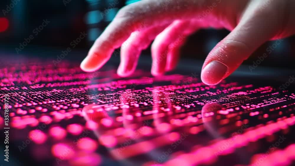 Close-up of a hand interacting with a glowing digital interface displaying data patterns, with a high-tech environment in the background Close-up of a hand interacting with a glowing digital interface displaying data patterns, with a high-tech environment in the background
