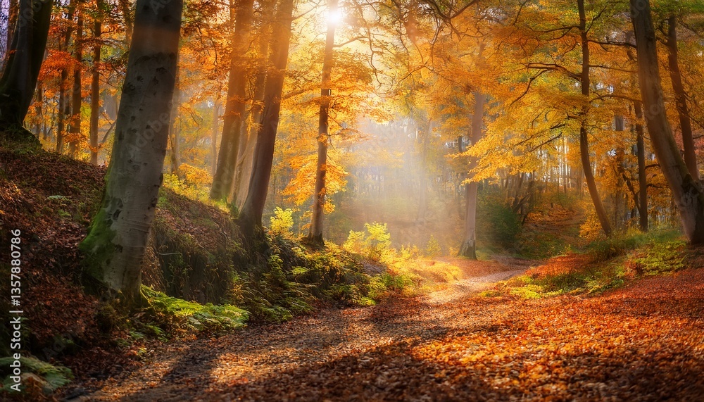 Obraz premium overwhelming feeling of wonder and amazement that envelops one's being while embarking on a journey through a sun-kissed woodland, adorned with vibrant autumnal hues, brimming with untold secrets wait