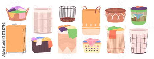 Cartoon baskets for laundry. Empty and full basket, fabric, plastic, woven rattan and rope containers for bathroom. Home bins for dirty clothes, racy vector set
