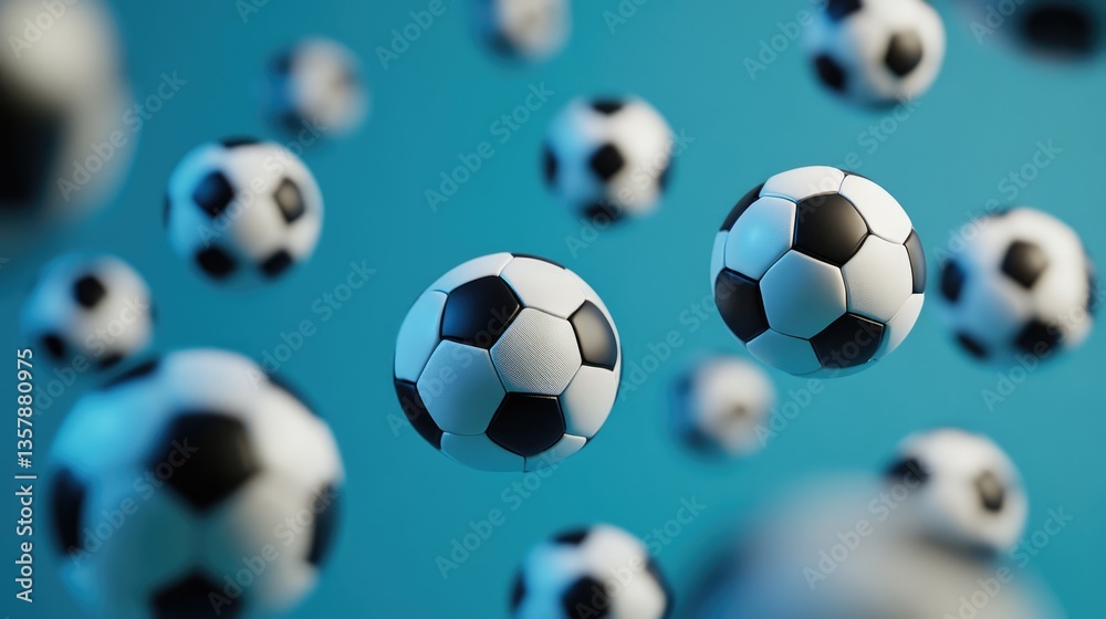 A collection of soccer balls appears to be floating against a solid light blue background. A collection of soccer balls appears to be floating against a solid light blue background.