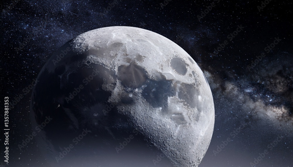 Fototapeta premium A subtle presence of moon is emphasized by an imaginative image featuring a new moon set against a backdrop of distant galaxies, showcasing immense expanse of space