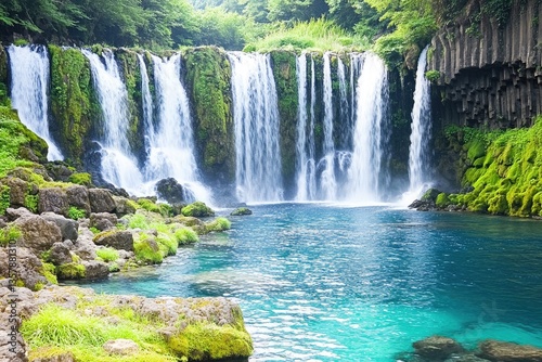 Lush greenery surrounds a cascading waterfall flowing into a vibrant blue pool