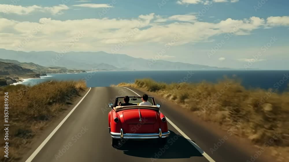 Aerial view of a red convertible driving on a scenic coastal road. The video captures a nostalgic, adventurous vibe with a vintage style.