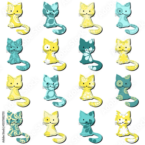 Nice cute textile scrapbook cats on white background isolated vector illustration