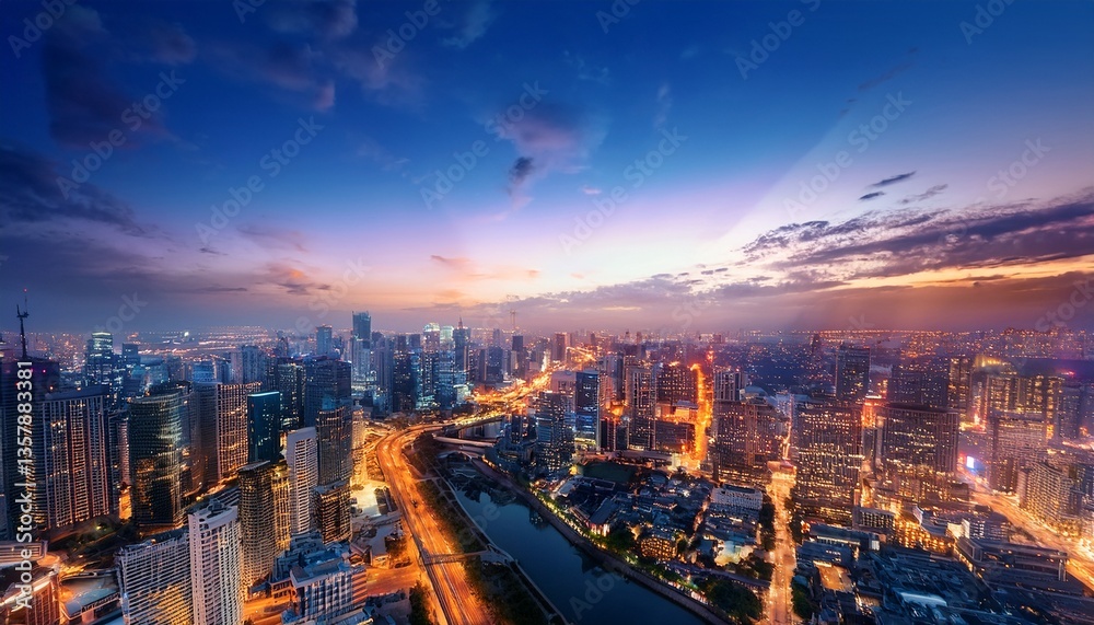 Fototapeta premium Behold enchantment of a twilight cityscape, where radiant luminescence of streetlights and windows dances upon glistening pavements, conjuring a mesmerizing and amorous tableau