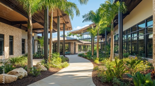 A tropical hospital building with shaded walkways, open-air waiting areas, and lush landscaping