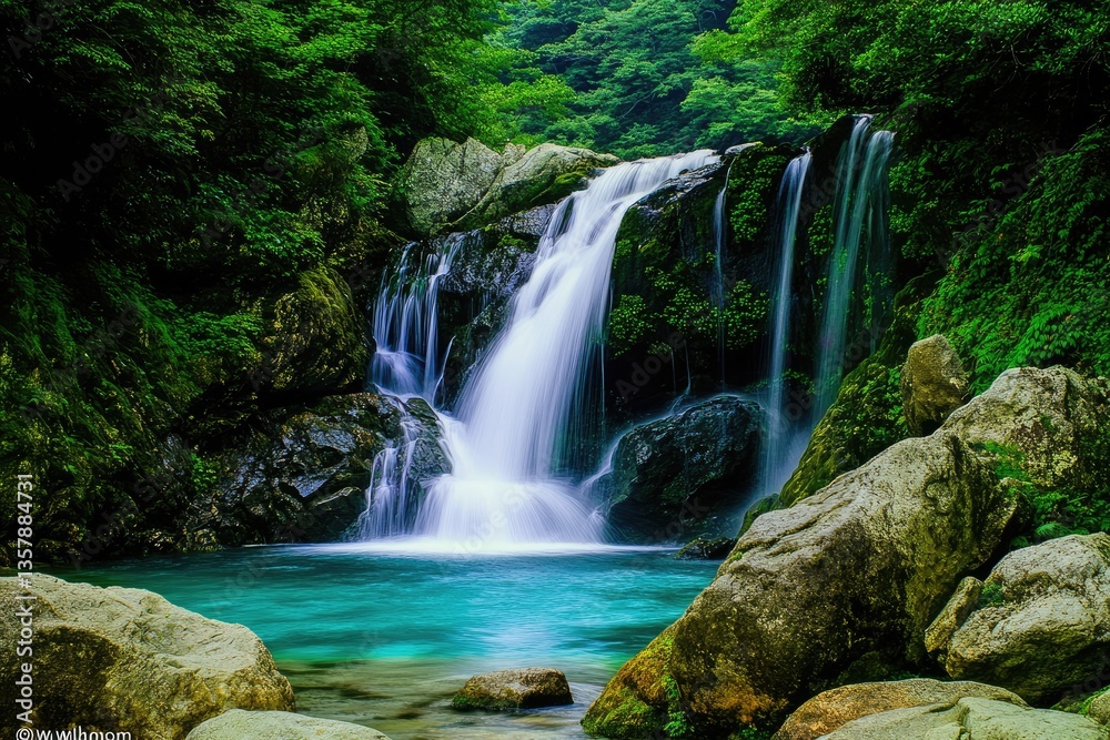 Obraz premium Serene waterfall cascading into a vibrant turquoise pool, nestled within lush green foliage