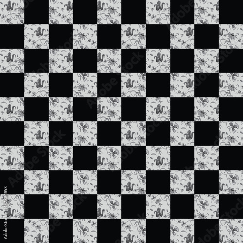 Black and white chessboard with checkered pattern and square tiles