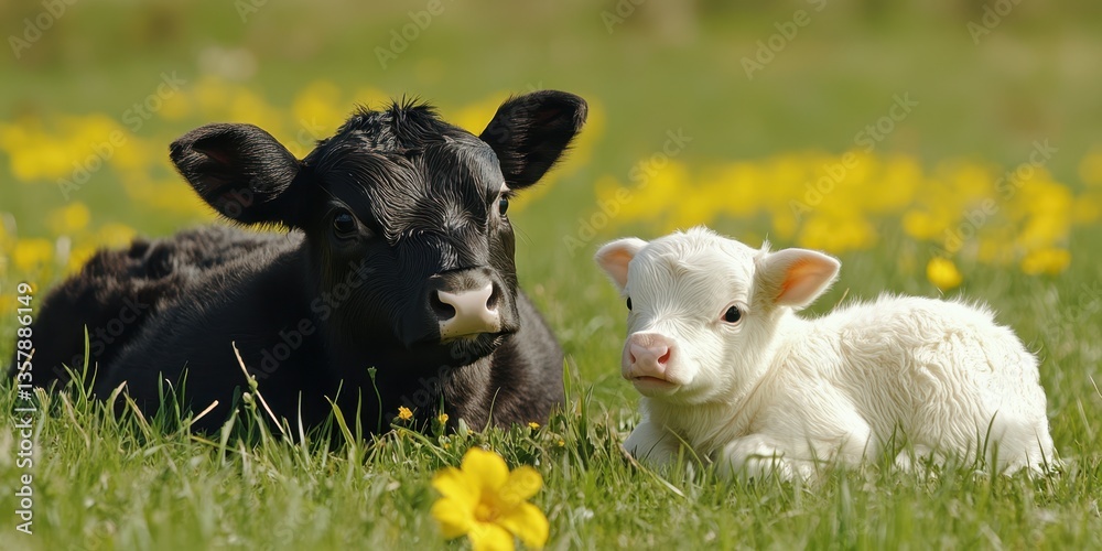 Fototapeta premium Two cows rest side by side on lush green grass, enjoying a peaceful moment in a serene landscape.