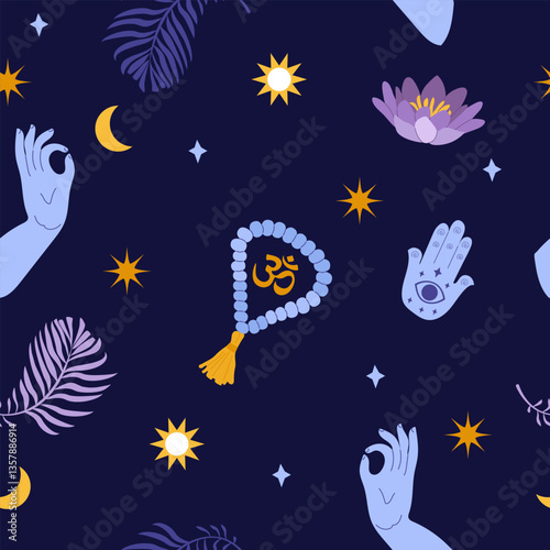 Seamless pattern with Buddhist beads, lotus, stars, moon and tropical leaves.
