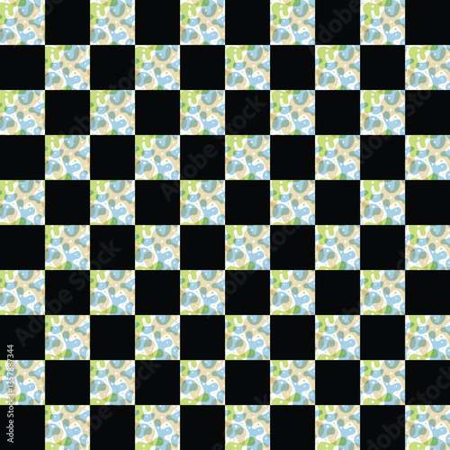 Black and white chessboard with checkered pattern and square tiles