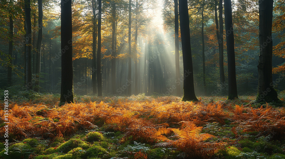 Obraz premium Sunlight filters through trees in a serene forest