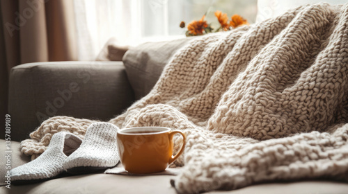 Knit Accessories for Relaxation: Blanket, Slippers, and a Warm Mug in a Tranquil Space