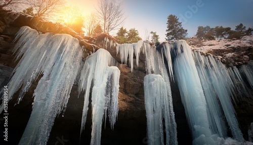 ethereal and enchanting allure of icicles gracefully suspended from a precipice, casting radiant reflections and fashioning a grandiose exhibition of resplendent sophistication