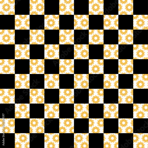 Black and white chessboard with checkered pattern and square tiles