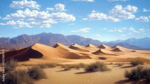 A beautiful desert landscape featuring sand dunes and distant mountains