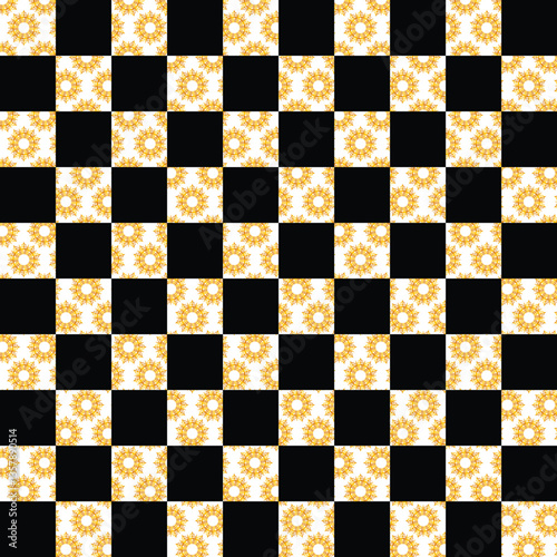 Black and white chessboard with checkered pattern and square tiles