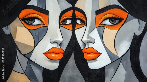 A stylized, abstract illustration features two women positioned closely together,