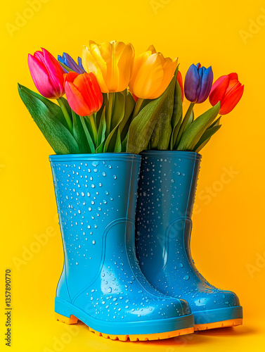Bright blue rain boots filled with colorful tulips celebrate the essence of spring against a cheerful yellow backdrop