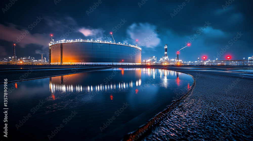 Obraz premium The reflective surface of a gigantic LNG storage tank catches the shimmering lights of the industrial complex at night, with flickering red beacons and distant flares illuminating