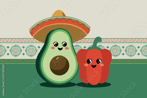 Smiling avocado and pepper, cinco de mayo concept