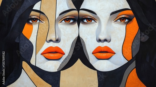 A stylized, abstract illustration features two women positioned closely together,