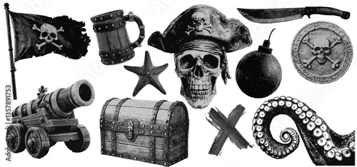 Set of pirate halftone grunge vector design elements